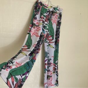 Beach Break Vibrant Green and Pink Tropical Wide Leg Pants Size L